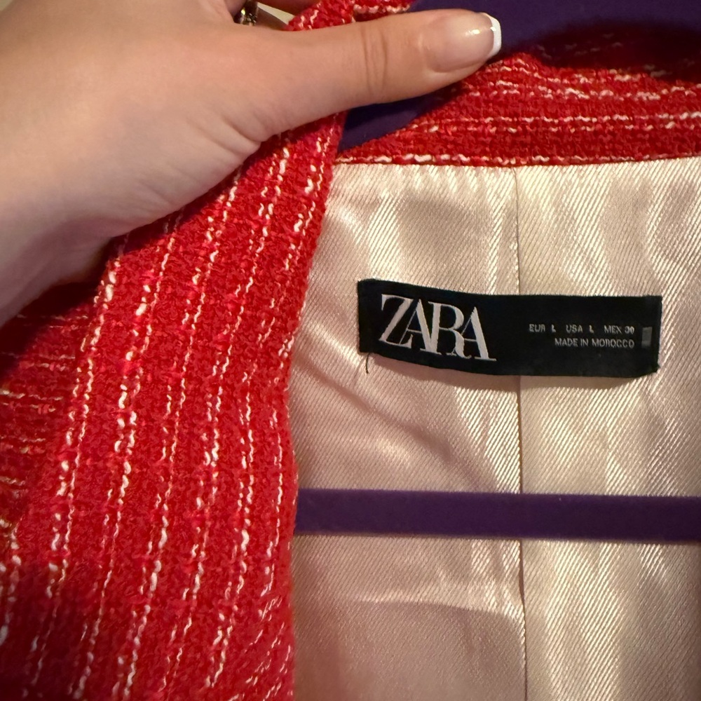 Zara Red Tweed Double-Breasted Bouclé Blazer - Picture 8 of 10
